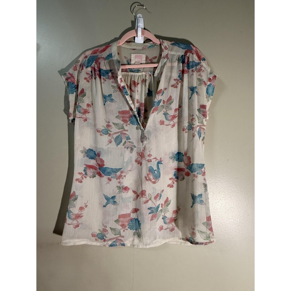 Quiksilver Tunic Blouse Womens S White Floral Sheer Rayon‎ V-Neck Button Pockets